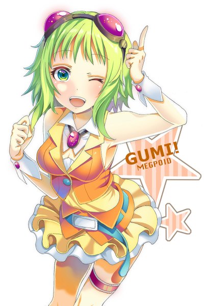 Anime picture 800x1201 with vocaloid gumi okutani toro single tall image looking at viewer blush short hair open mouth simple background white background green eyes one eye closed green hair from above wink character names girl wrist cuffs goggles