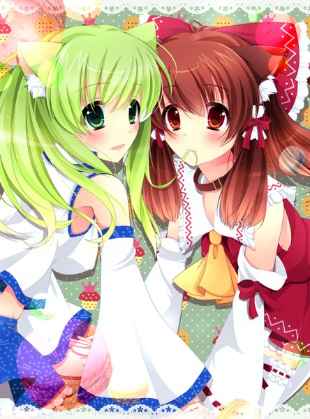 Anime picture 2233x3017 with touhou hakurei reimu kochiya sanae yumemiya subaru long hair tall image blush highres red eyes brown hair multiple girls green eyes animal ears green hair cat ears cat girl miko girl bow 2 girls