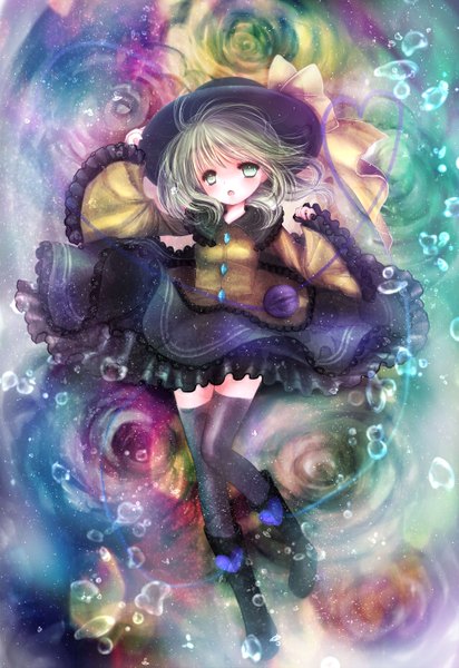 Anime picture 2000x2908 with touhou komeiji koishi himemurasaki single tall image looking at viewer blush highres short hair open mouth green eyes green hair girl thighhighs dress flower (flowers) black thighhighs hat boots eyeball