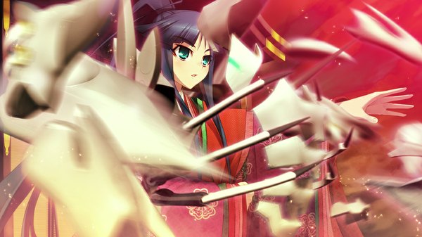 Anime picture 1024x576 with full metal daemon muramasa nitroplus minato hikaru single long hair wide image blue hair ponytail traditional clothes japanese clothes aqua eyes pointing girl kimono claws robot junihitoe