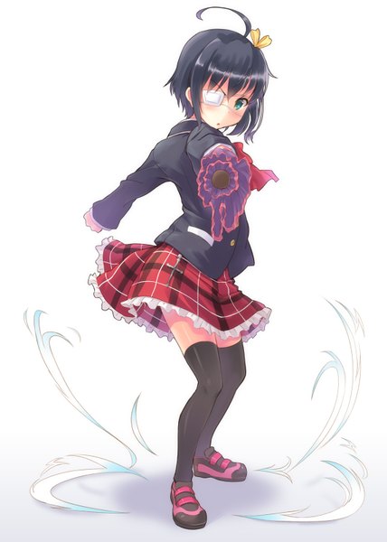 Anime picture 1141x1600 with chuunibyou demo koi ga shitai! kyoto animation takanashi rikka hyuuga azuri single tall image looking at viewer blush short hair black hair simple background white background green eyes ahoge :o one side up outstretched arm closed umbrella girl thighhighs