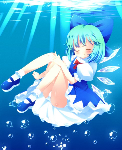Anime picture 1300x1595 with touhou cirno zefa (neoaltemice) tall image blush short hair light erotic blue hair eyes closed underwater girl dress underwear panties bow hair bow wings socks white socks