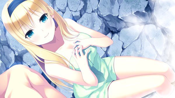 Anime picture 1280x720 with hyouka no mau sora ni alictia bright long hair blue eyes light erotic blonde hair wide image game cg naked towel girl hairband towel