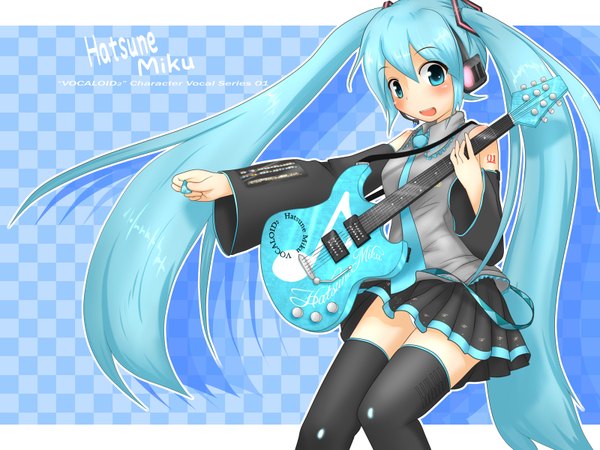 Anime picture 1600x1200 with vocaloid hatsune miku single long hair fringe highres open mouth blue eyes light erotic hair between eyes twintails blue hair very long hair :d pantyshot character names letterboxed outside border checkered checkered background