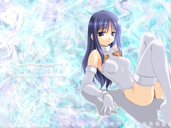 Anime picture 1280x960 with to heart kurusugawa ayaka norizou type-r single long hair looking at viewer blue eyes light erotic blue hair wallpaper blue background girl gloves elbow gloves thigh boots bodysuit
