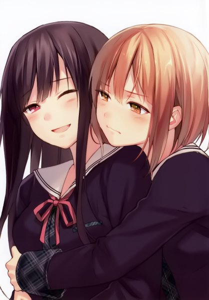 Anime picture 1716x2461 with original fukahire (ruinon) long hair tall image looking at viewer blush fringe highres short hair open mouth black hair blonde hair smile red eyes multiple girls yellow eyes looking away one eye closed hug close-up