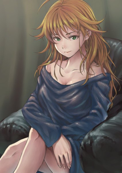 Anime picture 1003x1416 with idolmaster hoshii miki chiaki rakutarou single long hair tall image looking at viewer breasts blonde hair large breasts sitting green eyes ahoge girl sweater armchair