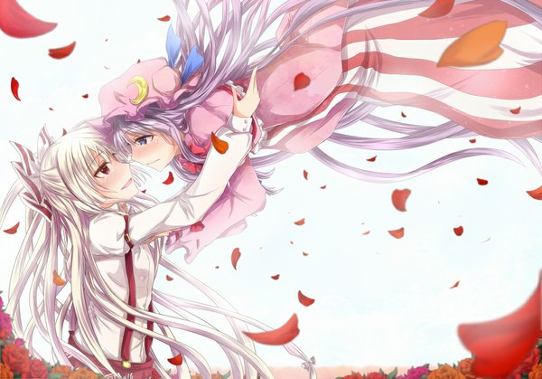 Anime picture 1036x724 with touhou patchouli knowledge fujiwara no mokou ram hachimin long hair blush red eyes purple eyes multiple girls purple hair white hair tears face to face girl flower (flowers) 2 girls petals bonnet