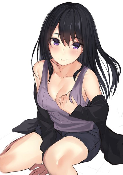 Anime picture 848x1200 with original kagematsuri single long hair tall image looking at viewer blush fringe breasts light erotic black hair simple background hair between eyes white background sitting purple eyes from above mole mole under mouth girl