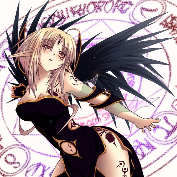 Anime picture 1200x1200 with ngirln4 (artist) blush short hair red eyes brown hair pointy ears tattoo black wings girl wings