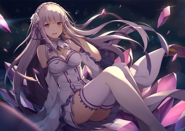 Anime picture 1403x992 with re:zero kara hajimeru isekai seikatsu white fox emilia (re:zero) kiyo (chaoschyan) single long hair looking at viewer fringe open mouth light erotic purple eyes silver hair blunt bangs hair flower dark background girl thighhighs dress flower (flowers) detached sleeves