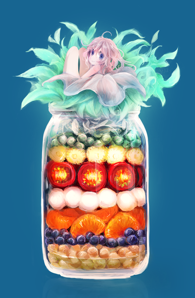 Anime picture 580x882 with original mari (milkuro-cat) single long hair tall image looking at viewer blush fringe blue eyes simple background brown hair blue background girl plant (plants) food fruit berry (berries) vegetables tangerine bilberry