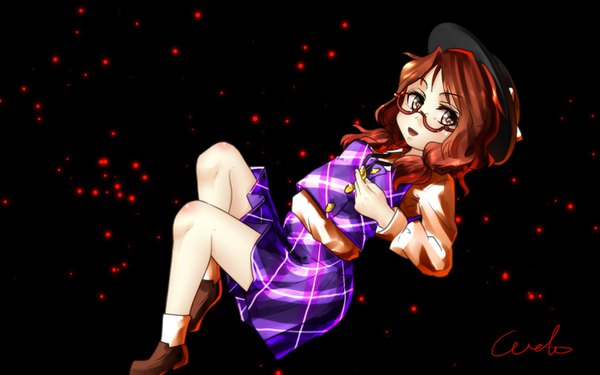 Anime picture 1440x900 with touhou usami sumireko welt (kinsei koutenkyoku) single long hair looking at viewer fringe open mouth brown hair twintails brown eyes signed full body bent knee (knees) pleated skirt sparkle low twintails black background plaid weightlessness