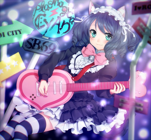 Anime picture 1320x1228 with show by rock!! studio bones cyan (show by rock!!) strawberry heart miya (bluesky 121) single long hair looking at viewer blush animal ears blue hair cat ears cat girl drill hair girl thighhighs dress frills striped thighhighs guitar