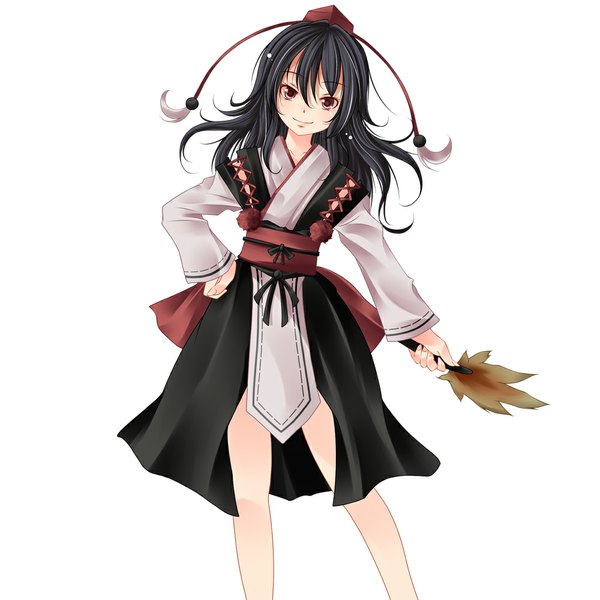 Anime picture 1000x1000 with touhou shameimaru aya s-syogo single short hair black hair simple background smile red eyes white background traditional clothes kourindou tengu costume girl hat leaf (leaves) fan hauchiwa