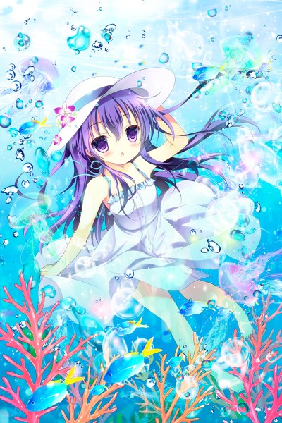 Anime picture 800x1200 with kantai collection akatsuki destroyer shirogane hina single long hair tall image blush purple eyes bare shoulders purple hair parted lips loli legs underwater adjusting hat girl dress hat animal white dress