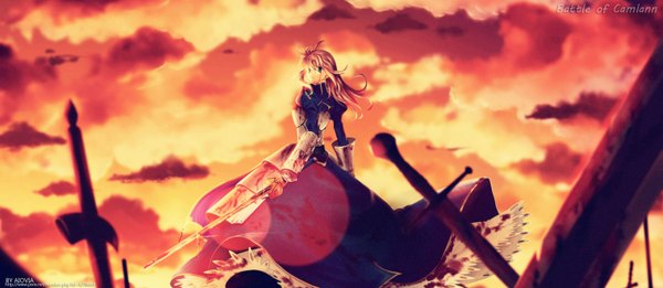 Anime picture 3035x1324 with fate (series) fate/stay night studio deen type-moon artoria pendragon (all) saber aiovia single long hair looking at viewer highres blonde hair wide image green eyes sky cloud (clouds) ahoge looking back turning head watermark