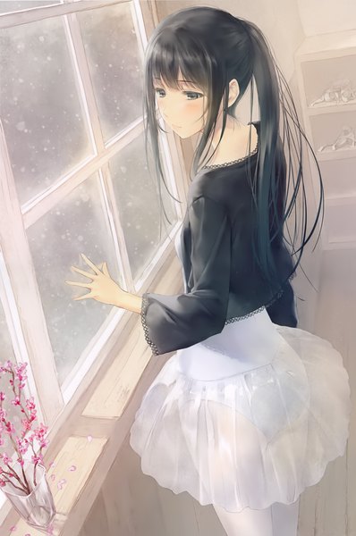 Anime picture 2654x4000 with flowers (innocent grey) innocent grey shirahane suou sugina miki single long hair tall image blush fringe highres light erotic black hair standing brown eyes indoors looking back scan official art rain ballerina