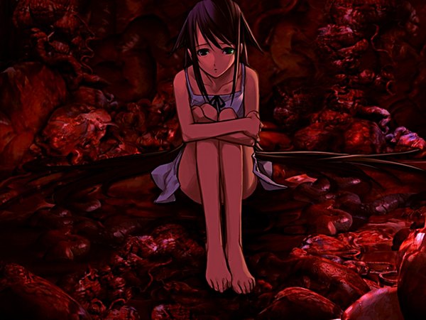 Anime picture 1600x1200 with saya no uta nitroplus saya (saya no uta) highres game cg barefoot soles leg hug toes