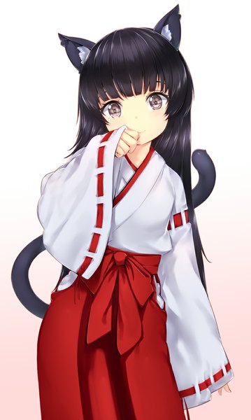 Anime picture 694x1160 with original zizi (zz22) single long hair tall image looking at viewer black hair brown eyes animal ears tail traditional clothes japanese clothes animal tail cat ears cat girl cat tail miko girl hakama