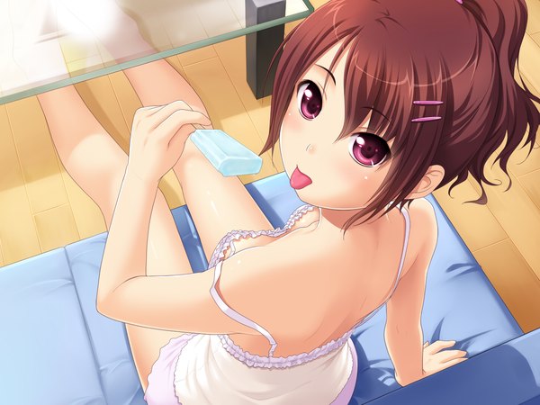Anime picture 1600x1200 with mebae (game) sakura anna single short hair red eyes brown hair sitting bare shoulders game cg loli strap slip girl hair ornament food sweets hairclip ice cream