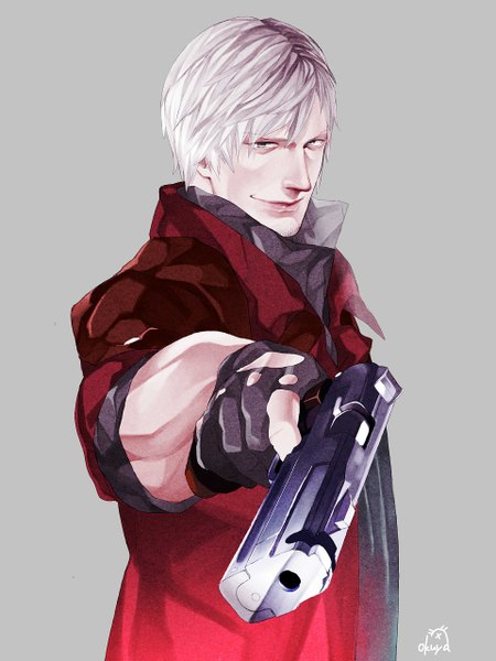 Anime picture 960x1280 with devil may cry dante (devil may cry) okuya (artist) single tall image looking at viewer short hair simple background smile signed silver hair grey background outstretched arm silver eyes twisty sleeves boy gloves weapon black gloves gun