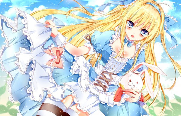 Anime picture 1600x1031 with alice in wonderland alice (wonderland) bariko single long hair looking at viewer blush open mouth blue eyes blonde hair girl dress bow hair bow frills hairband toy stuffed animal stuffed rabbit