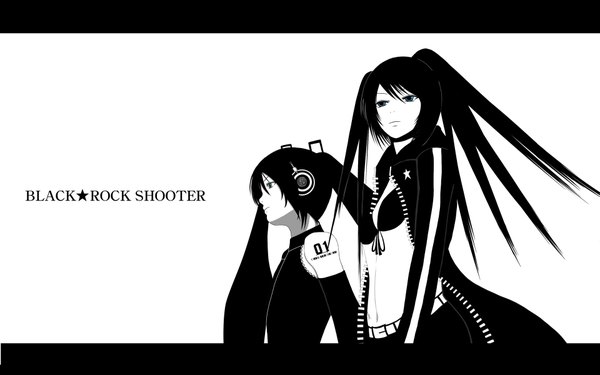 Anime picture 1920x1200 with black rock shooter vocaloid hatsune miku black rock shooter (character) highres wide image twintails monochrome high contrast girl naf