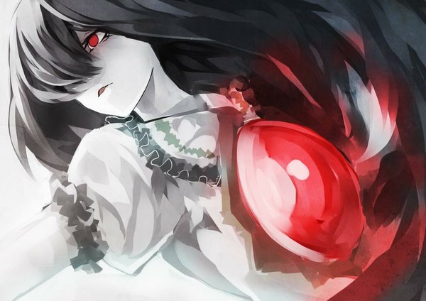 Anime picture 1024x724 with touhou reiuji utsuho chiruru96 single long hair fringe open mouth black hair simple background red eyes white background looking away hair over one eye girl