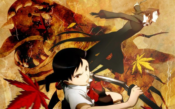 Anime picture 1280x800 with blood+ production i.g otonashi saya haji ningen (nattoli) short hair black hair red eyes wide image wallpaper formal uniform school uniform sword katana suit