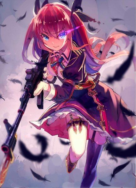 Anime picture 720x1000 with original yasumo (kuusouorbital) single long hair tall image looking at viewer fringe breasts blue eyes twintails holding cloud (clouds) bent knee (knees) red hair dual wielding clenched teeth girl thighhighs dress ribbon (ribbons)
