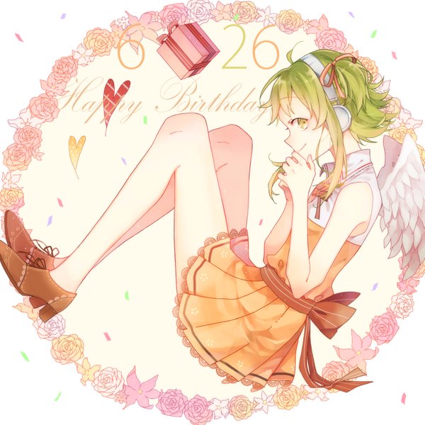 Anime picture 1733x1733 with vocaloid gumi p (pkochan) single looking at viewer blush highres short hair smile white background bare shoulders green eyes payot ahoge profile green hair sleeveless turning head happy birthday girl