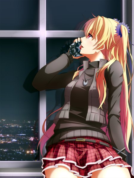 Anime picture 1000x1333 with eiyuu densetsu alisa reinford tinybiard single long hair tall image open mouth blonde hair red eyes profile girl skirt sweater phone