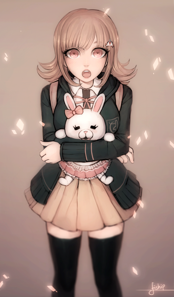 Anime picture 2000x3400 with dangan ronpa super dangan ronpa 2 nanami chiaki matilda vin single long hair tall image looking at viewer highres open mouth simple background brown hair holding signed long sleeves pleated skirt pink eyes blurry zettai ryouiki hug