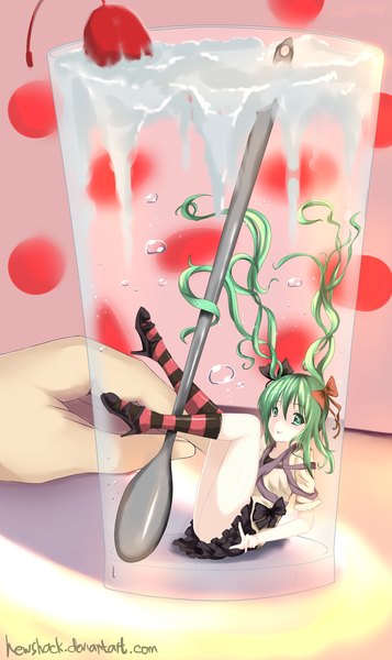 Anime picture 2500x4200 with hews single long hair tall image highres green eyes green hair girl dress bow hair bow food black dress berry (berries) glass spoon cherry