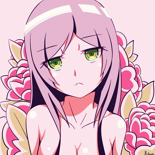 Anime picture 1024x1024 with original otaku (pixiv id4162402) single long hair looking at viewer light erotic bare shoulders green eyes signed pink hair :< girl