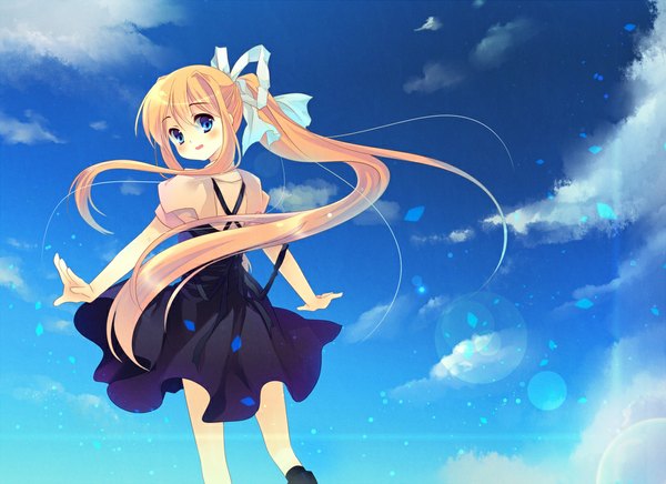 Anime picture 1100x800 with air key (studio) kamio misuzu shinia single long hair looking at viewer blush open mouth blue eyes blonde hair sky cloud (clouds) ponytail looking back spread arms girl uniform ribbon (ribbons) hair ribbon