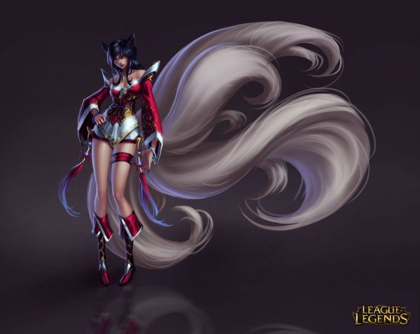 Anime picture 3387x2694 with league of legends ahri (league of legends) tagme (artist) single long hair looking at viewer highres black hair standing bare shoulders animal ears yellow eyes absurdres tail wide sleeves official art legs hand on hip facial mark reflection