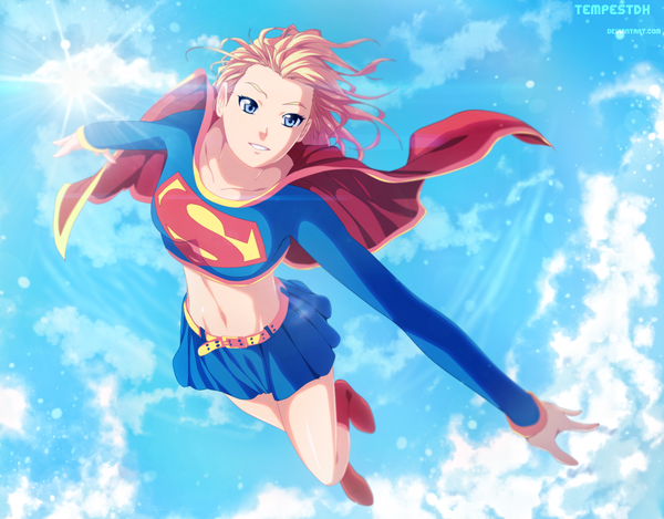 Anime picture 2048x1603 with marvel comics dc comics supergirl tempestdh single long hair highres blue eyes blonde hair smile sky cloud (clouds) sunlight bare belly midriff coloring spread arms flying superhero girl