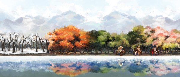 Anime picture 2000x861 with original vocaloid chris (pixiv) long hair highres short hair blonde hair brown hair wide image sitting multiple girls sky cloud (clouds) eyes closed japanese clothes multiple boys couple reflection winter mountain