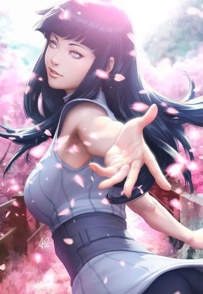 Anime picture 831x1200 with naruto studio pierrot naruto (series) hyuuga hinata artgerm (stanley lau) single long hair tall image looking at viewer fringe breasts signed blue hair outdoors parted lips looking back fingernails lips sunlight realistic