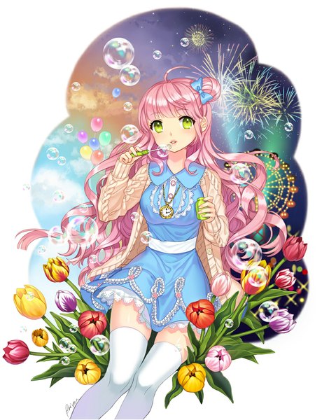 Anime picture 800x1020 with original briska single long hair tall image looking at viewer green eyes pink hair wavy hair girl thighhighs dress flower (flowers) bow hair bow white thighhighs bubble (bubbles)