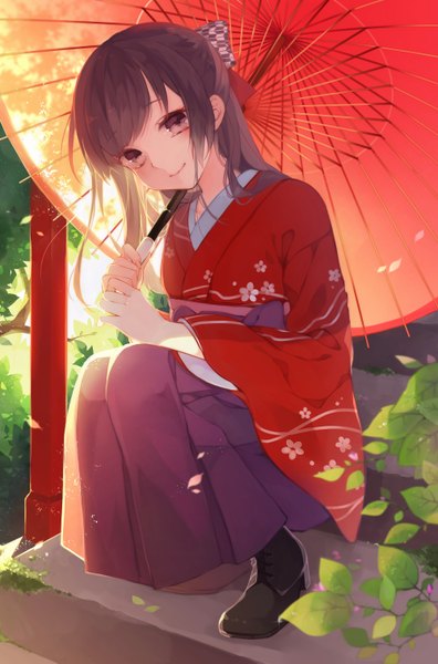Anime picture 1000x1516 with original recotasan single long hair tall image looking at viewer blush fringe smile brown hair sitting holding brown eyes payot bent knee (knees) outdoors long sleeves traditional clothes head tilt japanese clothes