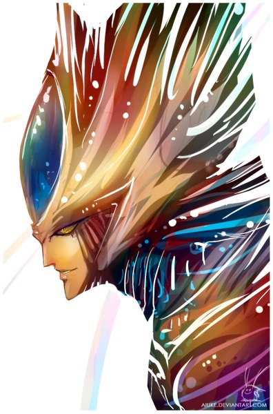 Anime picture 1036x1571 with guyver archanfel zoollord aiuke (vega) single tall image smile white background signed yellow eyes profile horn (horns) portrait face boy armor monster