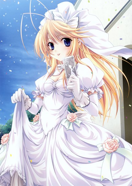 Anime picture 3384x4746 with miyama zero single long hair tall image highres blue eyes blonde hair absurdres girl dress hair ornament tongue wedding dress card (cards)