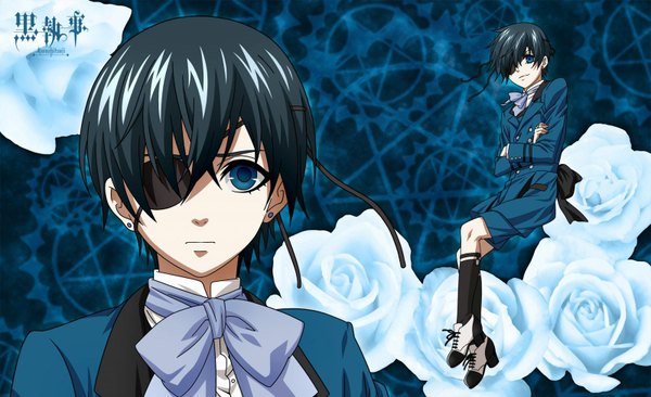 Anime picture 1600x978 with kuroshitsuji a-1 pictures ciel phantomhive looking at viewer short hair black hair wide image blue background boy flower (flowers) socks shorts black socks eyepatch suit neckerchief blue rose