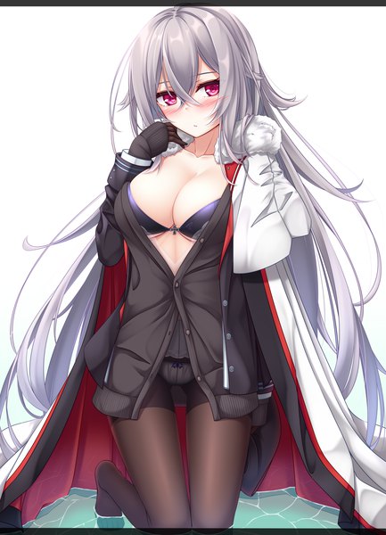Anime picture 1300x1800 with azur lane graf zeppelin (azur lane) yoye (pastel white) single long hair tall image looking at viewer blush fringe breasts light erotic simple background hair between eyes red eyes large breasts cleavage full body grey hair no shoes fur trim