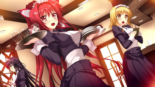 Anime picture 1280x720 with koiken otome yasukuni akane someya yuzu tateha (marvelous grace) long hair blush short hair open mouth black hair blonde hair red eyes wide image multiple girls yellow eyes game cg ponytail red hair maid girl bow