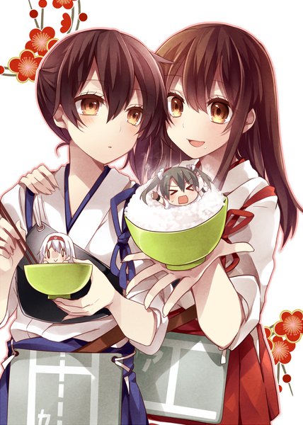 Anime picture 800x1120 with kantai collection kaga aircraft carrier akagi aircraft carrier shoukaku aircraft carrier zuikaku aircraft carrier sakura yuki (clochette) tall image blush open mouth brown hair twintails multiple girls brown eyes white hair ponytail traditional clothes japanese clothes grey hair :o side ponytail