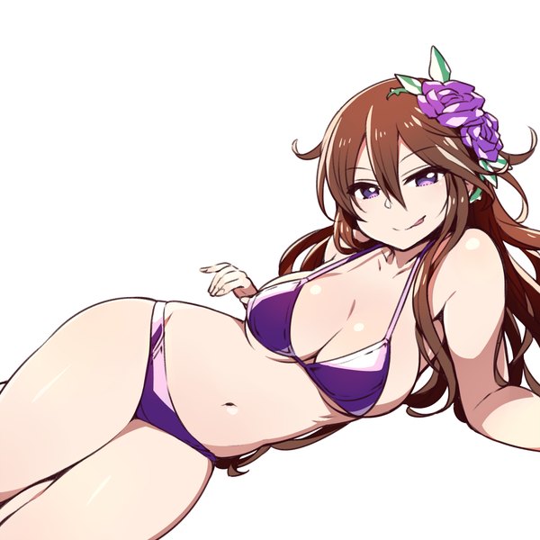 Anime picture 1000x1000 with granblue fantasy rosetta (granblue fantasy) chan co single long hair looking at viewer fringe breasts light erotic simple background smile hair between eyes brown hair large breasts white background purple eyes lying hair flower arm support shiny skin